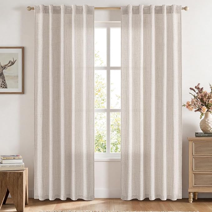MIULEE Faux Linen Curtains 72 Inch Length 2 Panels Natural Beige Semi Sheer Curtain with Back Tab Rod Pocket, Light Filtering Window Privacy Burlap Drapes for Living Room Bedroom 42W x 72L