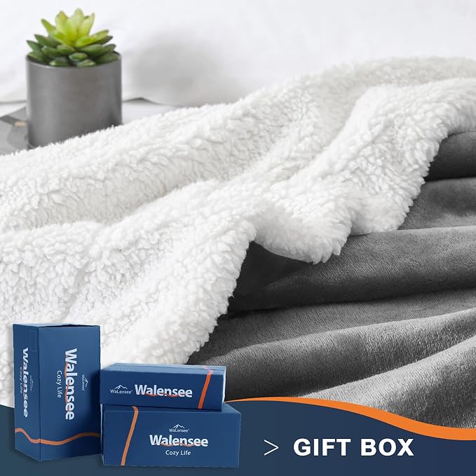 Walensee Sherpa Fleece Blanket (Throw Size 50”x60” Grey) Plush Throw, Gray Fuzzy Super Soft Reversible Microfiber Flannel Blankets for Couch, Bed, Sofa Ultra Luxurious Warm and Cozy for All Seasons