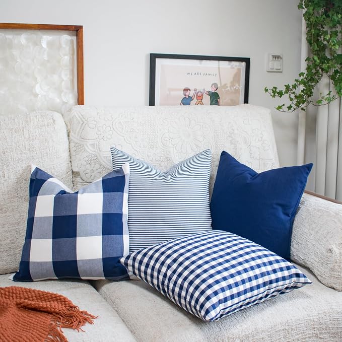 HOPLEE 22x22 Pillow Cover Navy Blue Decorative Pillow Cover with Buffalo Plaid, Solid Navy Blue, Tricking Stripe and Gingham Plaid Design 22x22 Inches Set of 4