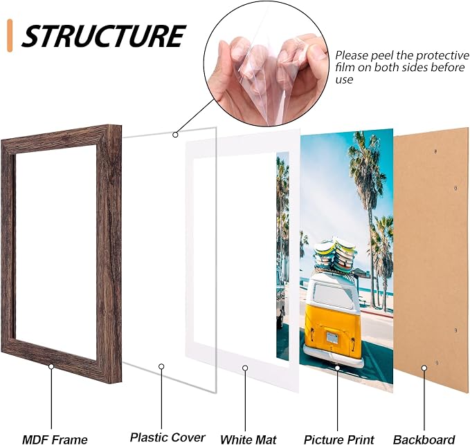 Fixwal Gallery Picture Frames Set, 15 Pack, MDF, Brown, 8x10, 5x7, 4x6 | Wall or Tabletop Decor, High-definition Plexiglas panels