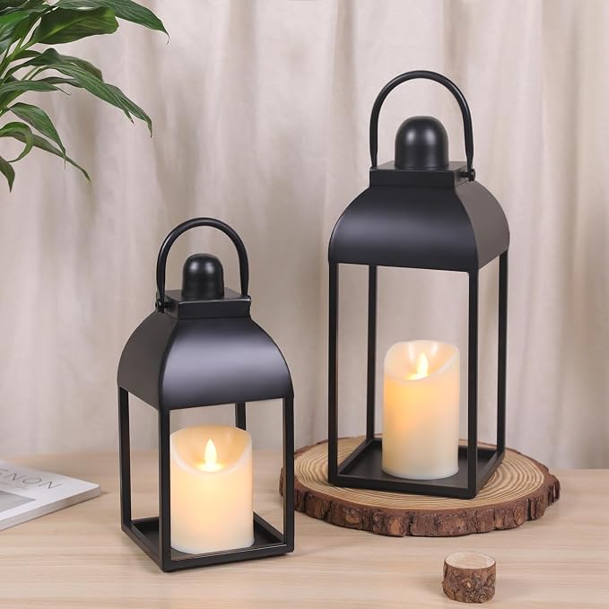 Lanterns Decorative Indoor 15" 11" Set of 2 Black Metal Lantern with Candle | Glass-free Decorative Lanterns with Candles and Remote Control, Outdoor Lanterns for Porch Patio Wedding Mantle Home Decor
