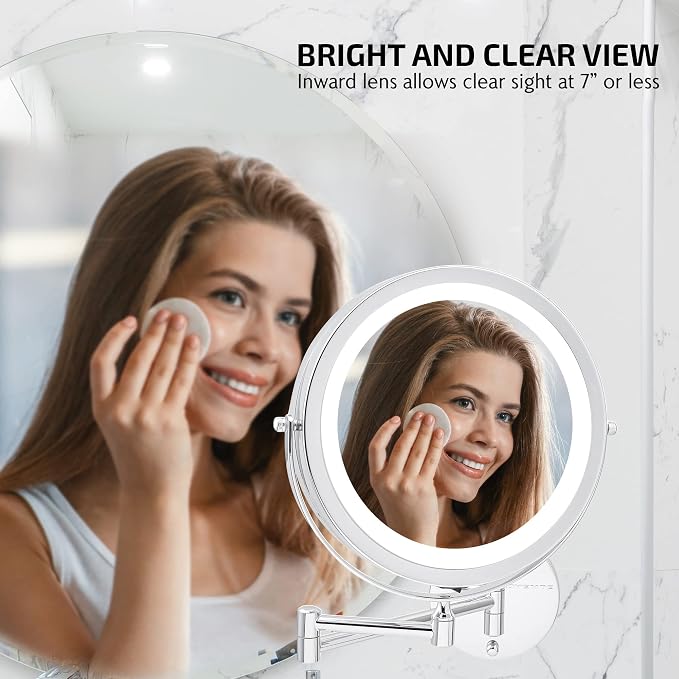 OVENTE 9" Wall Mounted Lighted Makeup Mirror, Polished Chrome MFW85CH1X10X | Cordless Double Sided 1X/10X Magnifying Mirror for Bathroom with LED Lights, 360° Rotation, Extendable Arm, Battery Operated