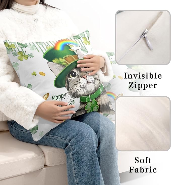 Happy St Patricks Day Pillows Covers 16x16 Pack of 2 Lucky Cat Clover Pillow Covers Rainbow Gold Coin Shamrock Decorative Pillow Cases Cushion Case for Living Room Couch Sofa