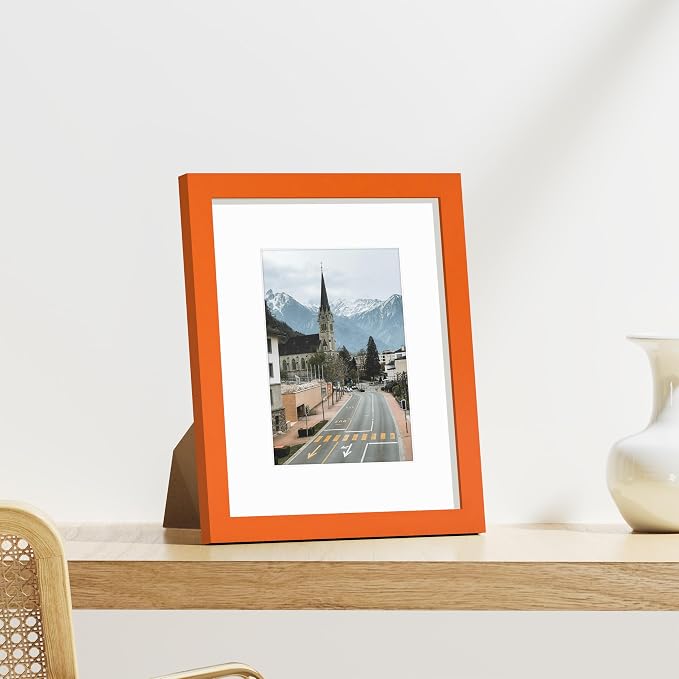 Vittanly 8x10 Picture Frames Set of 9 for Wall or Tabletop Display, Orange | Display Pictures 5x7 with Mat or 8x10 without Mat, Small Photo Frames, Engineered Wood with Shatter Resistant Plexiglass