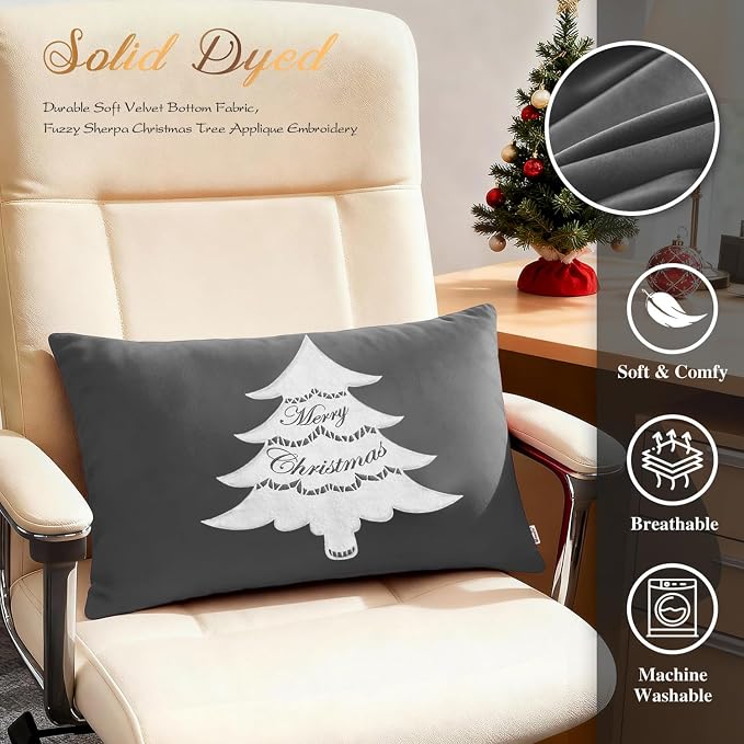 BRAWARM Christmas Pillow Cover 12 X 20 Inches, Gray Christmas Tree Embroidered Lumbar Pillow Cover, Soft Velvet Decorative Throw Pillow for Couch Bed Sofa Living Room Home