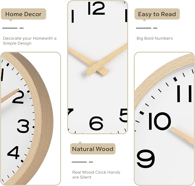 AKCISOT 10 Inch Wall Clock, Silent Battery Operated Analog Clock, Natural | Classroom | Kitchen | Office | Easy to Read Numbers | Garage