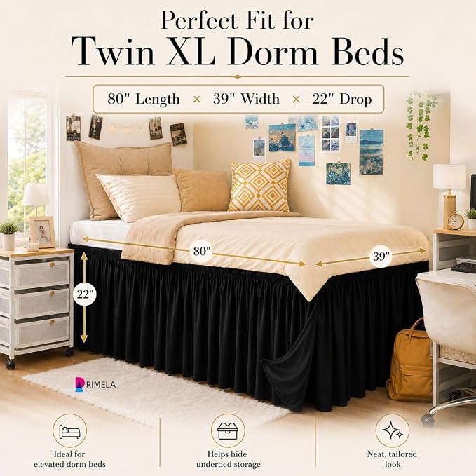 Dorm Room Bed Skirt Twin XL 22" Drop, College Split Corner Bedskirt, Black | Solid ruffled, Wrap-around/elastic, Wrinkle & Fade resistant, with Adhesive Strips, Gift Packed, Machine Wash/Tumble Dry/Iron