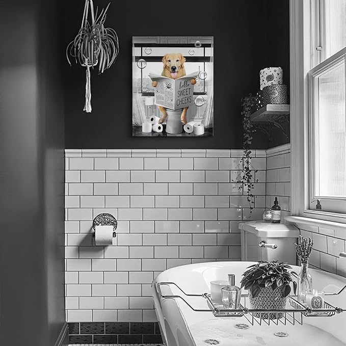Funny Golden Retriever Wall Art Black and White Dog Bathroom Print Farmhouse Bathroom Animals Wall Decor Dog Sitting in Toilet Reading Newspaper Painting Framed Artwork for Toilet 16x24 inch