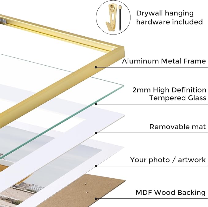 20x30 Metal Picture Frame with 16x24 Mat, Brushed Aluminum Finish, Tempered Glass Front, and Attached Hanging Hardware - Versatile Wall Display Frames for Vertical or Horizontal Orientation(Rose Gold,