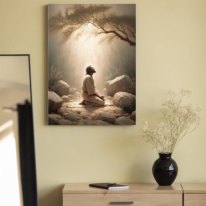 Framed Jesus wall decor for prayer room Christian wall art Jesus prayer canvas wall prints jesus praying in the Garden of Gethsemane Picture home decor Baptism gifts for boys-girl serenity prayer wall art 16X24inch