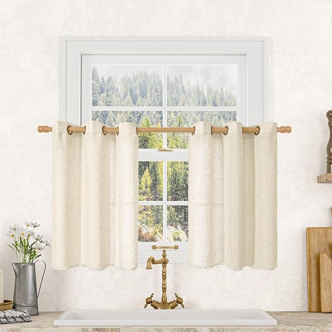Short Linen Window Curtains 30 Inches Long 2 Panels, 34 x 30 Inch | Beige, Semi Sheer, Light Filtering Panels, Neutral Boho, Cafe, Curtains for Basement, Small Windows, Bronze Grommet