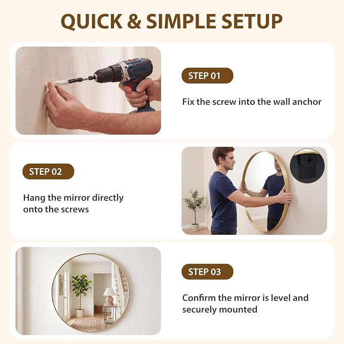 NEWBULIG 24-Inch Round Wall Mirror, Bathroom Wall Circle Mirror | Metal Frame, Bathroom Decor for Entryway, Living Room, Vanity, Gold