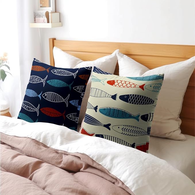 Fish Throw Pillow Covers Decorative Cotton Linen Pillowcases Colorful Fish Pillow Case Set of 2 Nautical Theme Square Cushion Covers for Sofa Bedroom Couch Home Outdoors