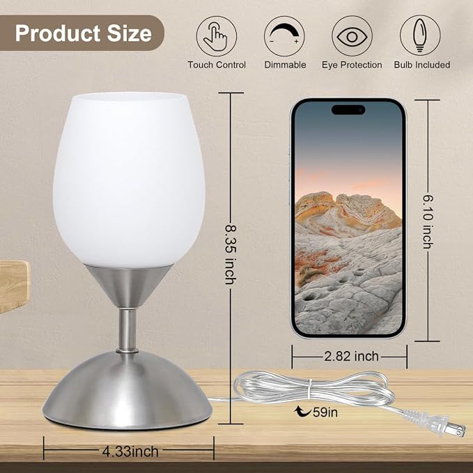 Small Touch Lamp for Bedroom Nightstand, 3-Way Dimmable Bedside Lamps Opal Glass Desk Lamp Silver Base, Tiny Table Lamp for Small Spaces Ambient Lighting for Living Room, E12 Bulb Included