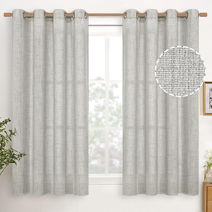 YoungsTex Linen Curtains 54 Inch Length Light Grey Textured Curtains with Bronze Grommet Light Filtering Drapes for Living Room Bedroom, 52 x 54 Inch, 2 Panels