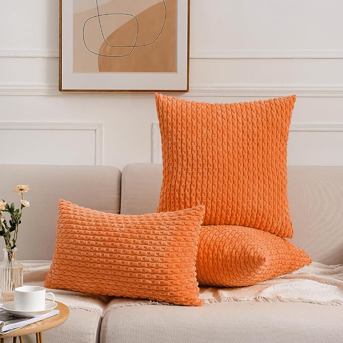 Fancy Homi 2 Packs Orange Fall Decorative Throw Pillow Covers 18x18 Inch for Couch Living Room Bed Sofa, Halloween Pumpkin Autumn Home Decor, Soft Cute Plush Corduroy Striped Cushion Case 45x45 CM