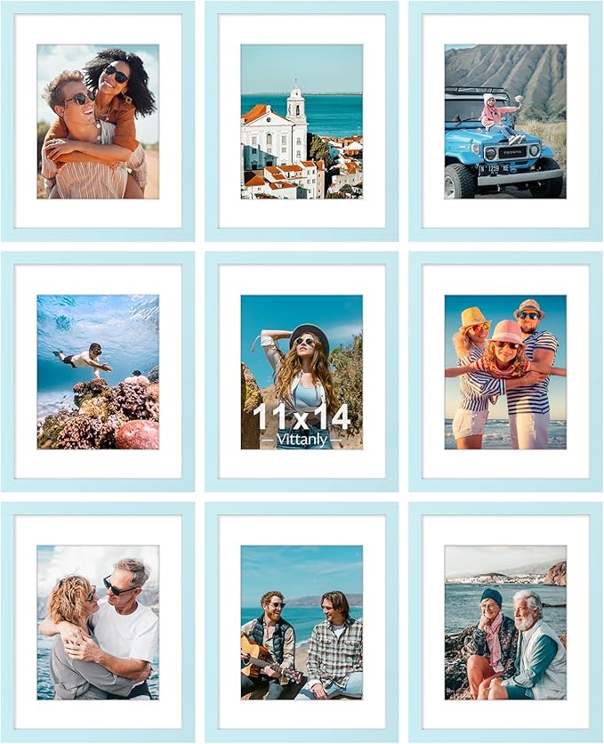 Vittanly 11x14 Picture Frames Set of 9 for Wall Mounting, Light Blue | Display Pictures 8x10 with Mat or 11x14 without Mat, Engineered Wood with Shatter Resistant Plexiglass, Gallery Photo Frames