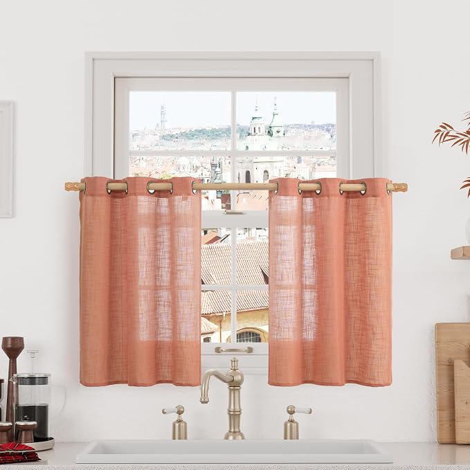 Short Linen Window Curtains 30 Inches Long 2 Panels, 34 x 30 Inch | Terracotta, Semi Sheer Light Filtering Panels, Rustic Decor, Drapes for Cafe, Basement, Small Windows, Bronze Grommet