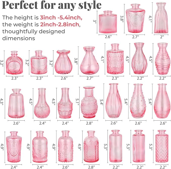 BEAHOT 24 Pack Pink Bud Vases in Bulk,Mini Glass Vintage Vases for Centerpieces,Wedding Decor, Small Flower Vases for Party & Home Decaration,Mother's Day (Pink)