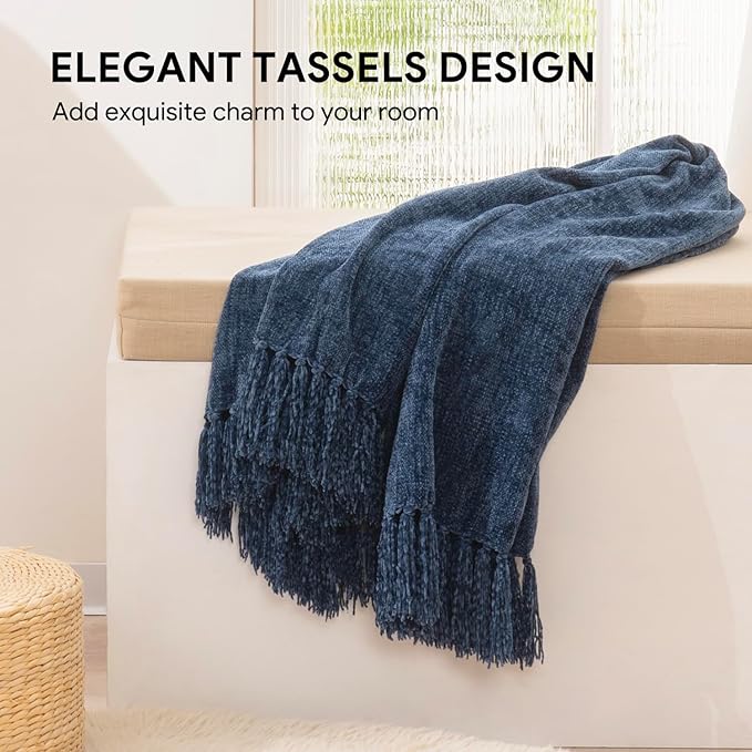RECYCO Chenille Throw Blanket for Couch, 50"x60", Blue | Super Soft Knit Throw Blanket with Fringe Tassels, Lightweight Knitted Throw, Cozy, Ideal for Sofa Chair Bed Living Room Gift