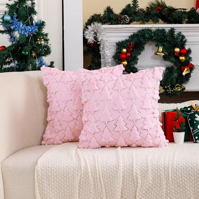 VAKADO Christmas Throw Pillow Covers 24x24 Set of 2 Embroidered Decorative Xmas Cushion Cases Holiday Soft Home Decor for Bedroom Sofa Chair Porch Winter, Pink