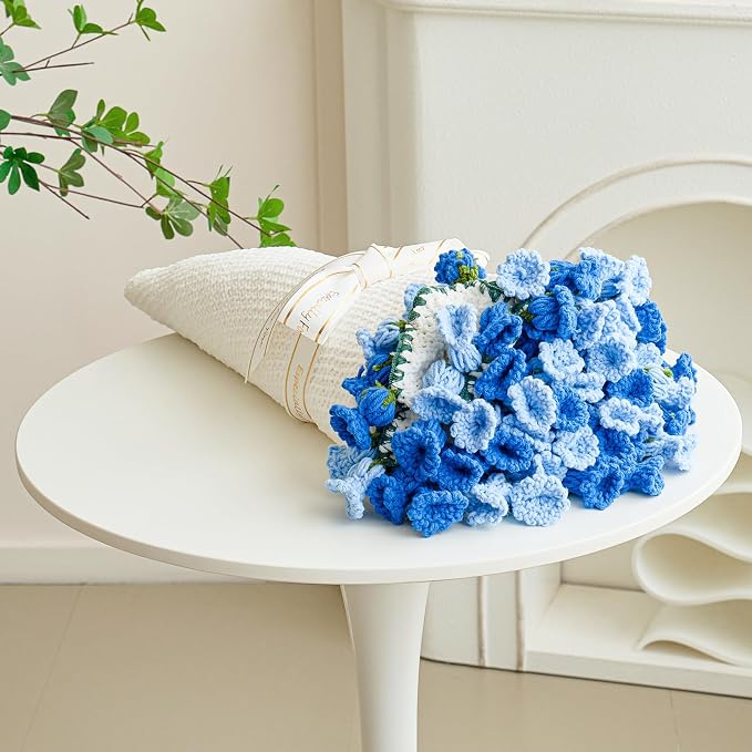 Crochet Flower Bouquet Throw Blanket, Handmade Knitted Blanket with Flowers, Cute Romantic Gift for Her Girlfriend Mom Mother’s Day Valentine Wedding Anniversary Birthday, Blue 40 Inches