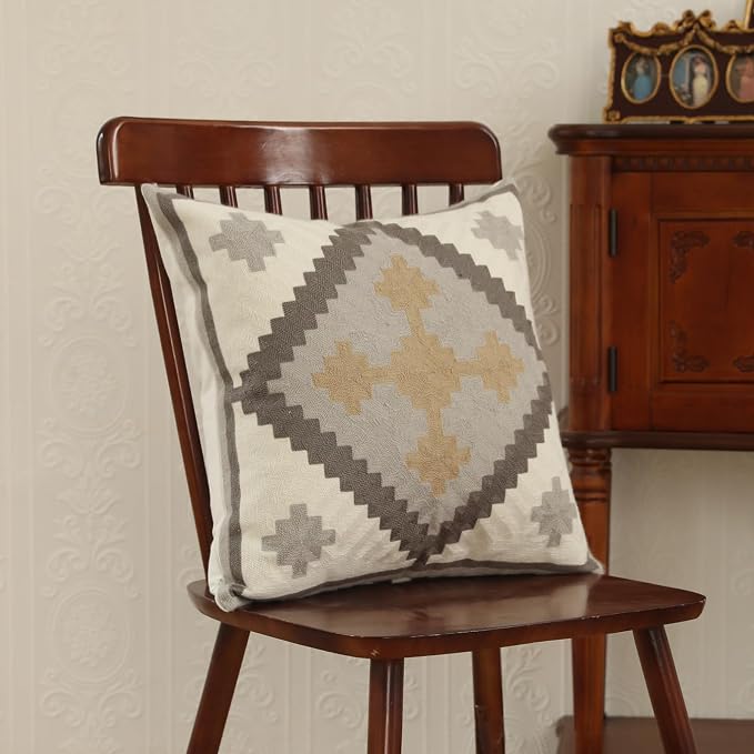 IKATYARN Pack of 2 Grey White Tan Southwestern Embroidery Throw Pillow Cover, Boho Tribal Geometric Pillowcase, Modern Farmhouse Aztec Cushion Case for Couch Sofa Bed, 18"x18"