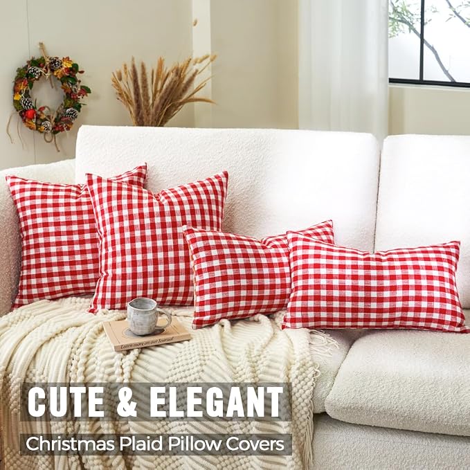 Red and White Outdoor Christmas Gingham Plaid Throw Pillow Covers 18x18 | Set of 2 Christmas Plaid Decor Pillow Covers 18 x 18, Cotton Textured, Vintage Farmhouse Rustic Red Christmas Xmas Decor