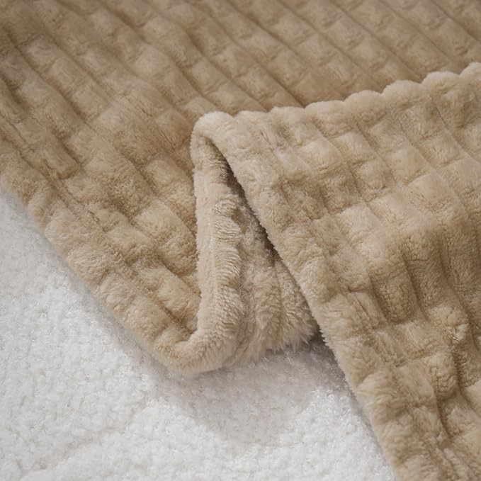 Puncuntex Fleece Throw Blanket Khaki 60"×80" with Square Grid Design | Super Soft Plush Cozy Flannel Throw Blanket Luxury for Couch Sofa Chair