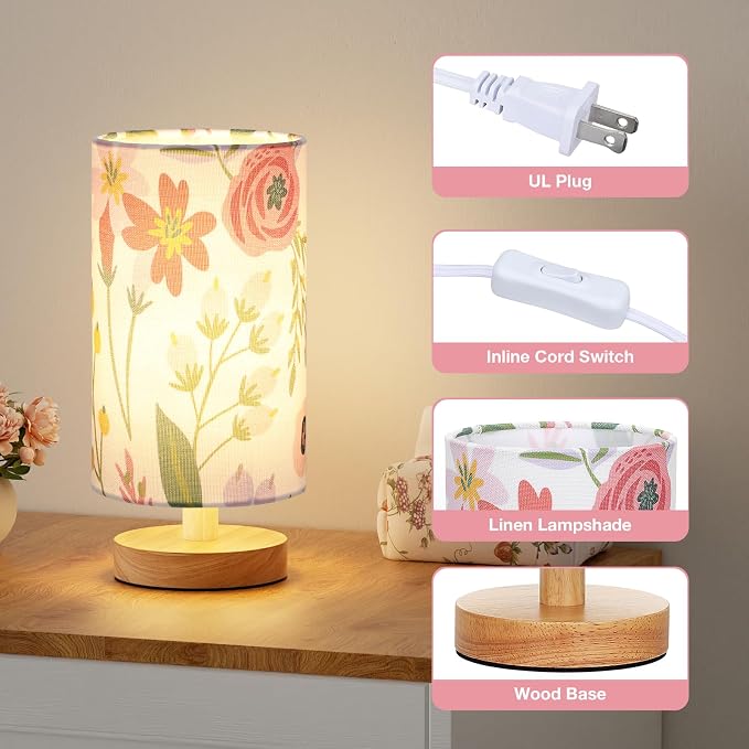 Fenmzee Small Table Lamps (Floral White Shade, 9" Inline Control)