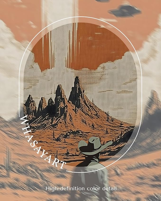 WHASAYART Retro UFO Cowboy Wall Art 12x16 Inch Framed Canvas Print | Vintage Science Fiction Desert Landscape Alien Spaceship Western Scene Cool Artwork, Man Cave Office Game Room Bathroom Decor