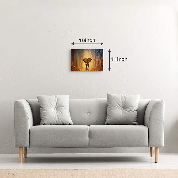 Elephant African Autumn Canvas Painting - Wildlife Animal Wall Art, Natural Artwork Perfect for Bedroom Decor Wall Picture - 16x12 Inches