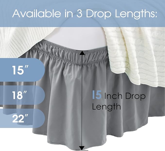 FreshCulture Twin Bed Skirt, Elastic Wrap Around Bed Skirt Twin Bed, Easy Fit with 15-Inch Tailored Drop, Hotel Quality Bed Skirts for Adjustable Bed (Dark Grey)