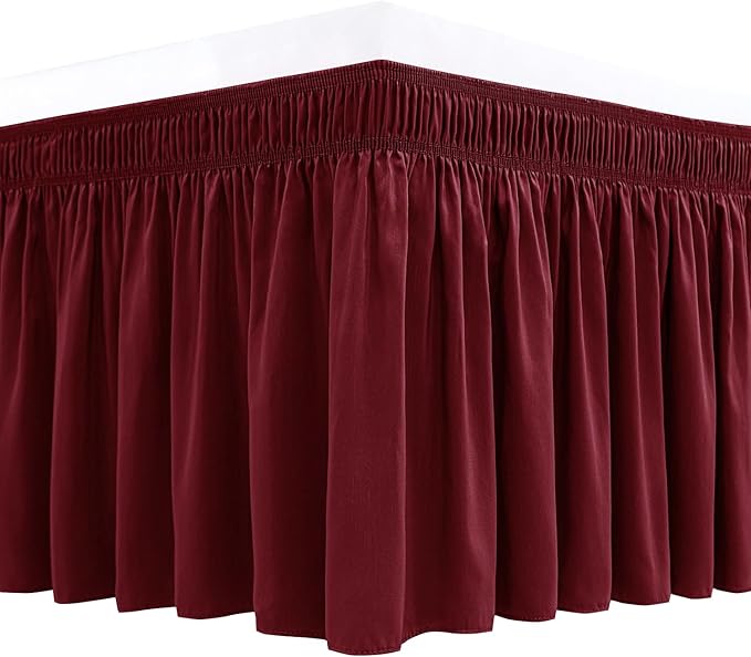 Wrap Around Bed Skirt King Size 12 Inch Drop-Elastic Dust Ruffle Burgundy | Adjustable Pleated Bedskirt-Easy Fit Wrinkle Resistant Washable Hotel Quality Fabric Bed Skirting-Master Guest Bedroom Rental