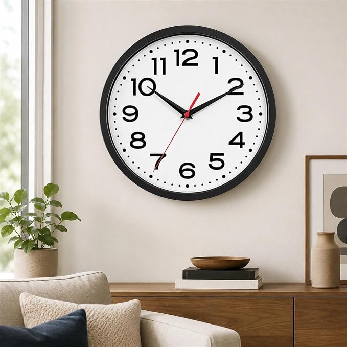 Roymnie 14 Inch Wall Clock, Battery Operated Silent Non Ticking Black | analog wall clock; bold numerals for easy reading; silent non-ticking; 1 AA battery (not included); for classroom