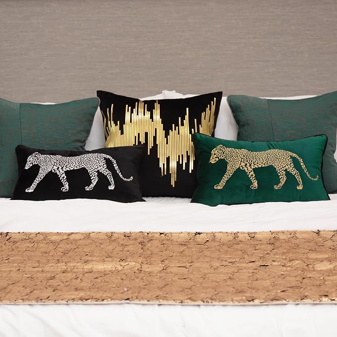 vctops Soft Velvet Embroidery Lumbar Decorative Throw Pillow Covers Leopard Pattern Cushion Case for Sofa Bedroom Couch (Green,12"x20") (Pack of 2)