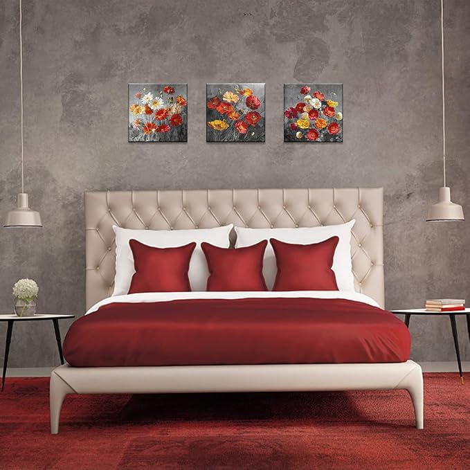 Daisiy Flower Wall Art Home Decor Red Poppy Floral Canvas Prints Paintings Artwork 24 x 24 Inch x 3 Pcs Black and White Modern Still Life Picture Decoration for Bathroon Bedroom Stretched and Framed