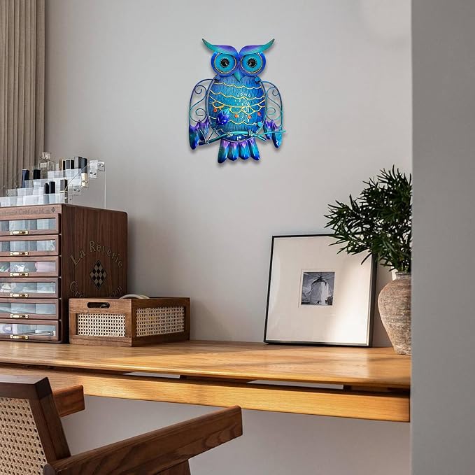 LIFFY Metal Owl Wall Decor - Cute Colorful Outdoor Wall Art - Glass Hanging Garden Decor for Patio, Porch or Door, Owl Gifts for Women
