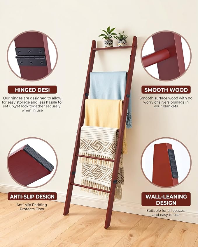 6-Tier Blanket Ladder Wooden, Blanket Quilt Towel Holder Rack Ladder, Brown | Wall Leaning Solid Wood Quilt Rack, Scratch & Slip Resistant, Living Room Bedroom Bathroom, Quick Setup, Brown