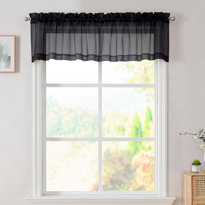 Simplebrand Black Valances 14 Inches Long for Living Room Pocket 2 Panel Light Filtering Sheer Translucent Valence Toppers for Window Kitchen Bathroom Bedroom 42x14 Inch Length