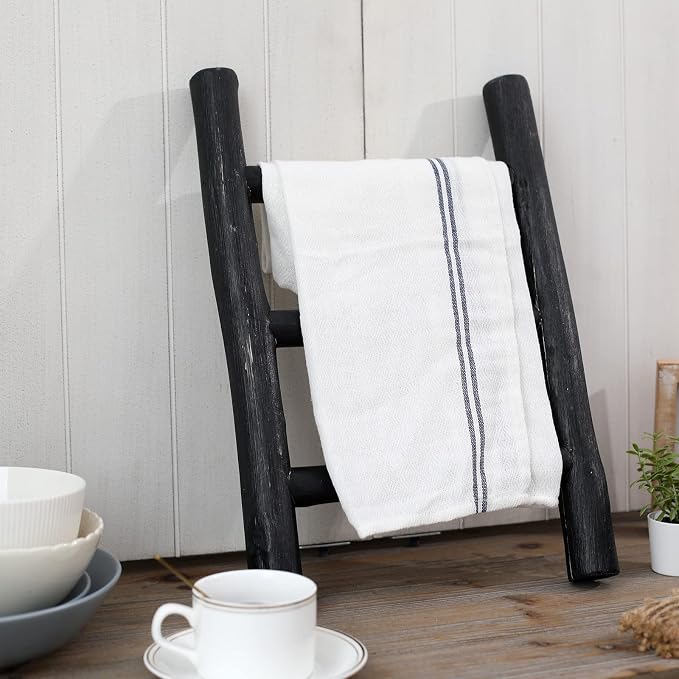 FUIN Tea Towel Ladder, Mini Rustic Solid Wood Decorative Ladder, Black | Farmhouse living room accent, Layered blanket towel quilt display, Visible wood grain, Bathroom and Bedroom use