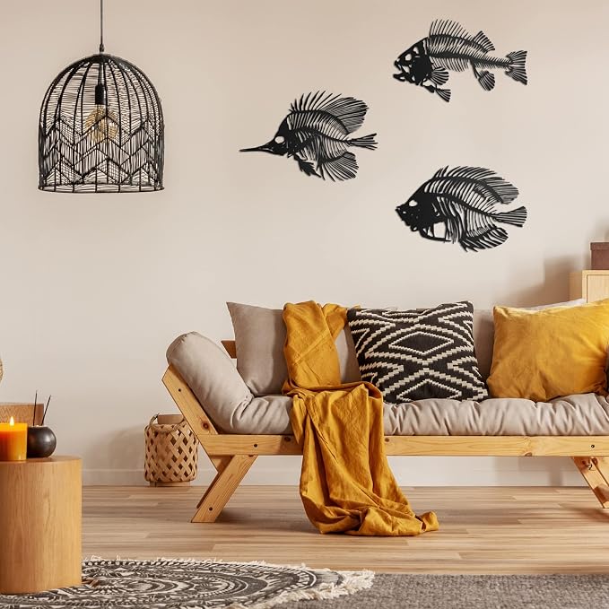 Zhengmy 3 Pcs Metal Fish Wall Art Fishing Wall Decor Hanging Metal Fish Bone Rustic Nautical Style Sign Plaque for Indoor Outdoor Office Home Bedroom Bathroom Living Room Window(Black)