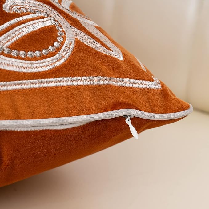 Aeckself European Floral Pillow Cover 18x18 Inch, Luxury Velvet Embroidered Decorative Throw Pillow Cover for Couch Bedroom Living Room, Burnt Orange and White