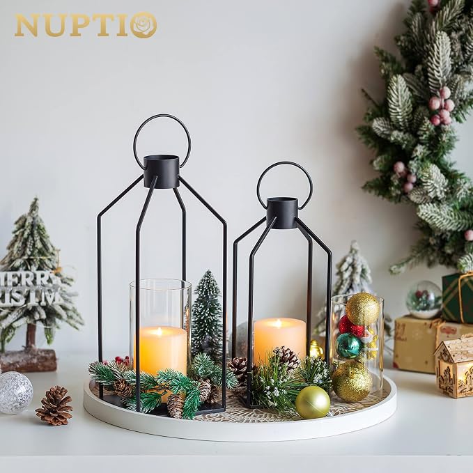 NUPTIO Decorative Lantern Candle Holder: Black Lantern with Hurricane Glass | Hanging Lanterns Decor 2 Pcs for Outdoor, Farmhouse Pillar Stand for Halloween Christmas Wedding Home Fireplace