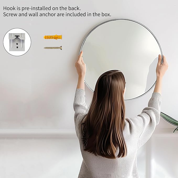 18 inch Round Mirror, Round Wall Mirror, Brushed Silver Metal Frame | Durable, Rust-resistant, High Definition Mirror, Easy Installation, Suitable for Vanity, Nursery, Bedroom, Bathroom
