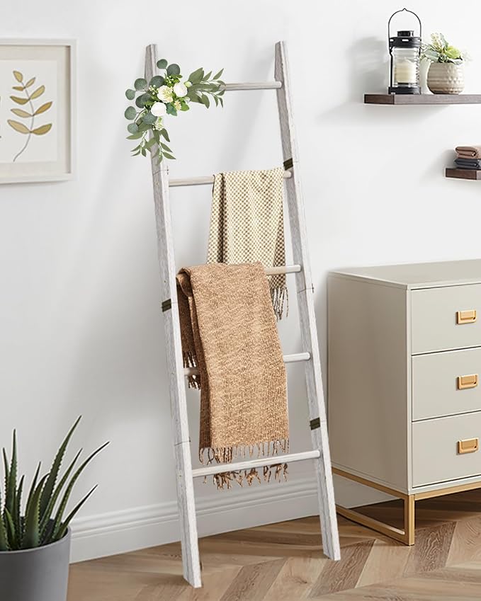 XLHOMO 5-Tier Wooden Blanket Ladder, 63" Rustic Leaning Blanket Rack for Living Room, Decorative Quilt and Towel Holder for Bedroom Bathroom Farmhouse Home Decor, White