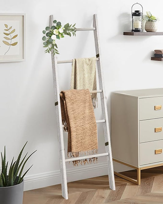 XLHOMO 5-Tier Wooden Blanket Ladder, 63" Rustic Leaning Blanket Rack for Living Room, Decorative Quilt and Towel Holder for Bedroom Bathroom Farmhouse Home Decor, White
