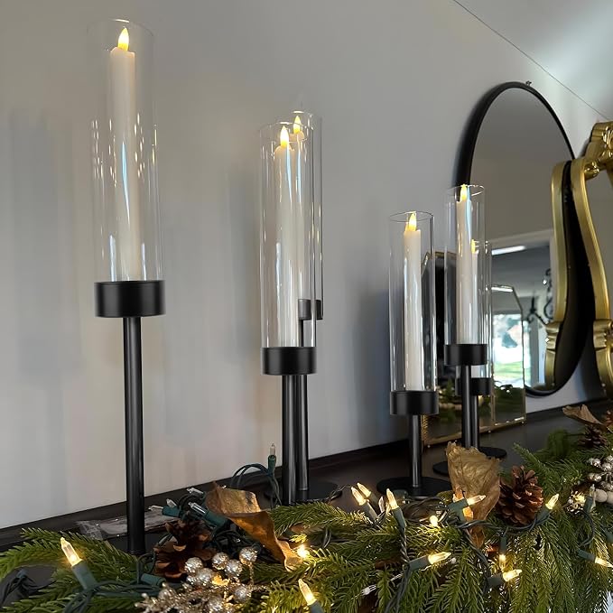 Black Hurricane Candle Holders, Set of 6 Glass Taper Candlestick Holders Metal Candle Stands Bulk with Glass Cover for Dining Tables Wedding Candelabra Centerpieces Decor