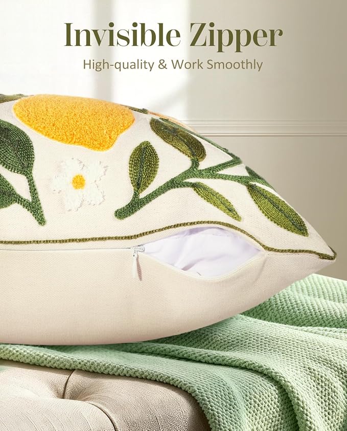 Embroidered Throw Pillow Cover - 18x18 Decorative Pillow Cover with Zipper Aesthetic Cute Design Boho Spring Summer Throw Pillowcase for Living Room Couch Sofa Bed, Branch Lemon