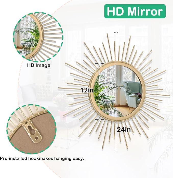 Gold Mirrors for Wall Metal Sunburst Wall Mirrors Home Décor Decorative Hanging Wall Art for Living Room Bedroom Entryway Large 24" x 24"